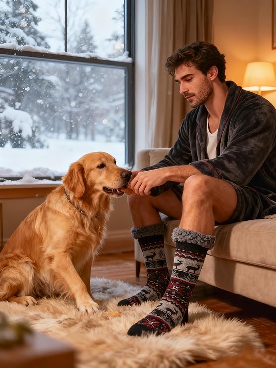 Men's Fuzzy Slipper Socks - Non-Slip Grips, Thermal Winter Socks, Plush Sherpa Lined, Gifts & Stocking Stuffers